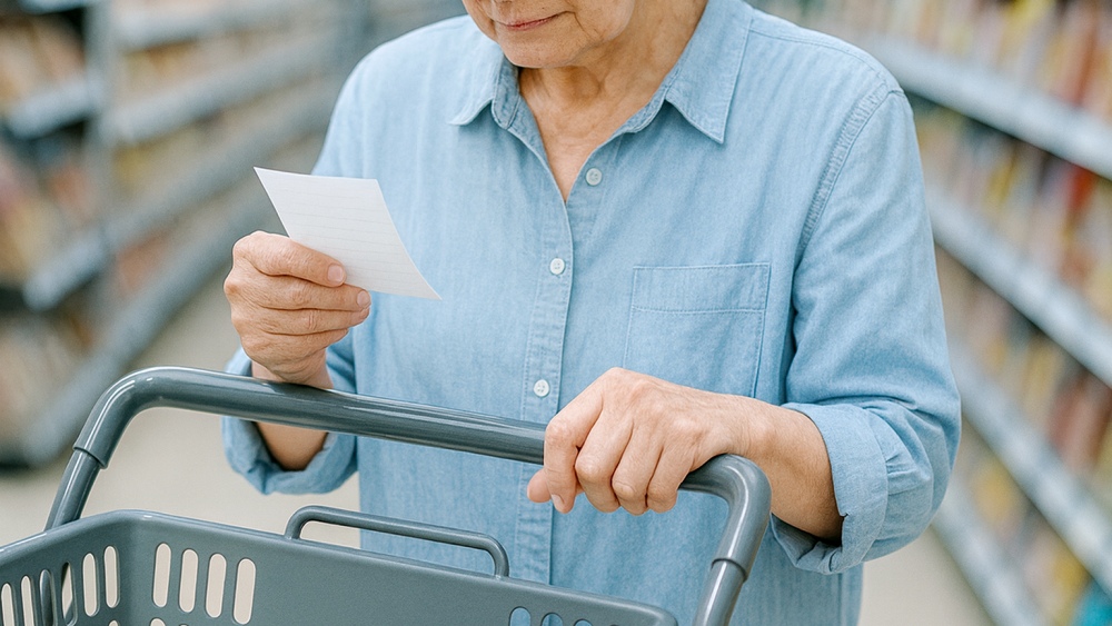 買い物のメモを見る高齢者